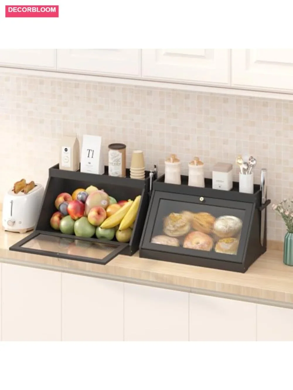 Bamboo Bread Box with Acrylic Door, Large Capacity Kitchen Storage